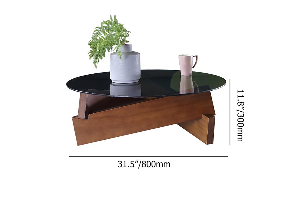 Round Coffee Table in Black & Walnut with Glass Top & Pine Wood Geometric Base