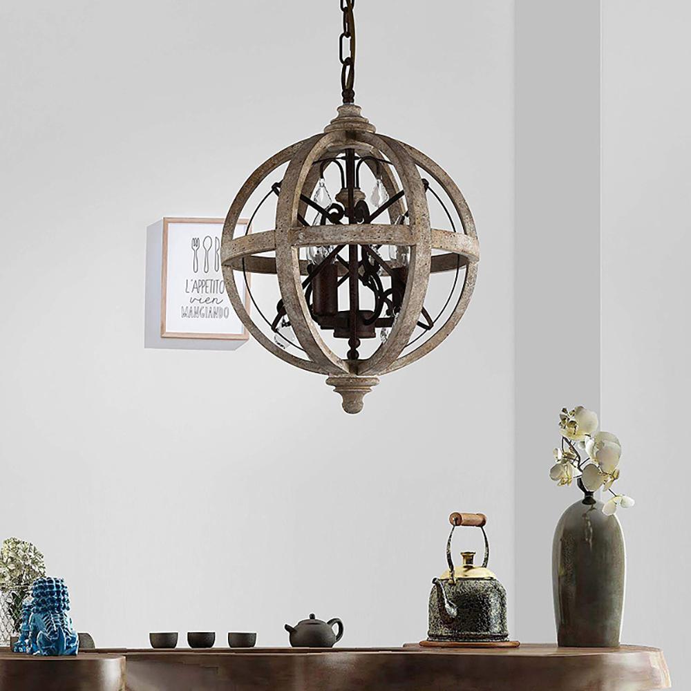 5-Light Retro Globe Weathered Wood Chandelier with Crystal Accents
