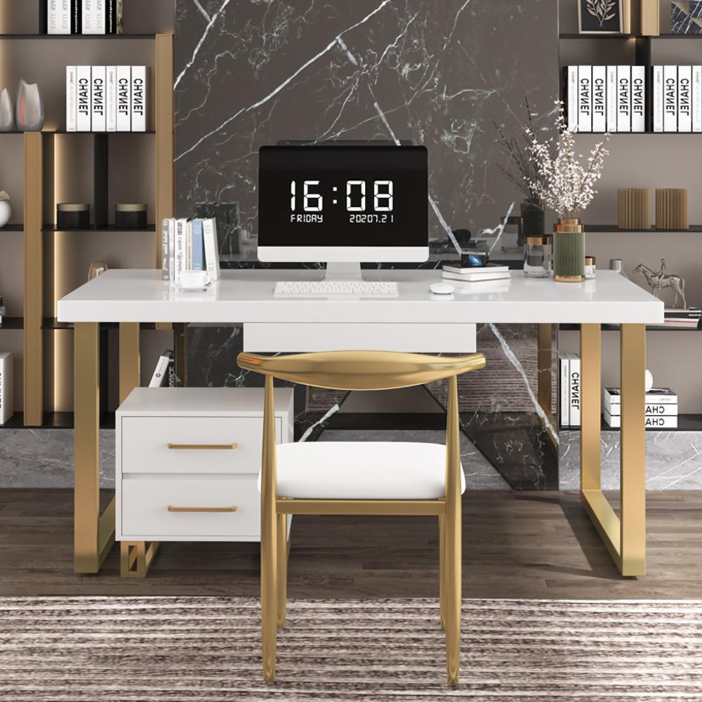 55" Modern White Office Desk Executive Desk with 3 Drawers & 1 Cabinet & 1 Chair