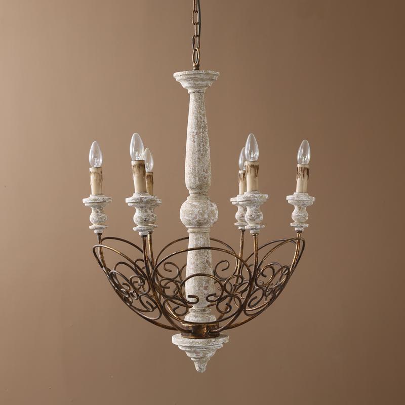 Retro White Scrollwork Distressed Wood 6-Light Candle-Style Chandelier