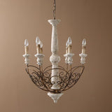 Retro White Scrollwork Distressed Wood 6-Light Candle-Style Chandelier