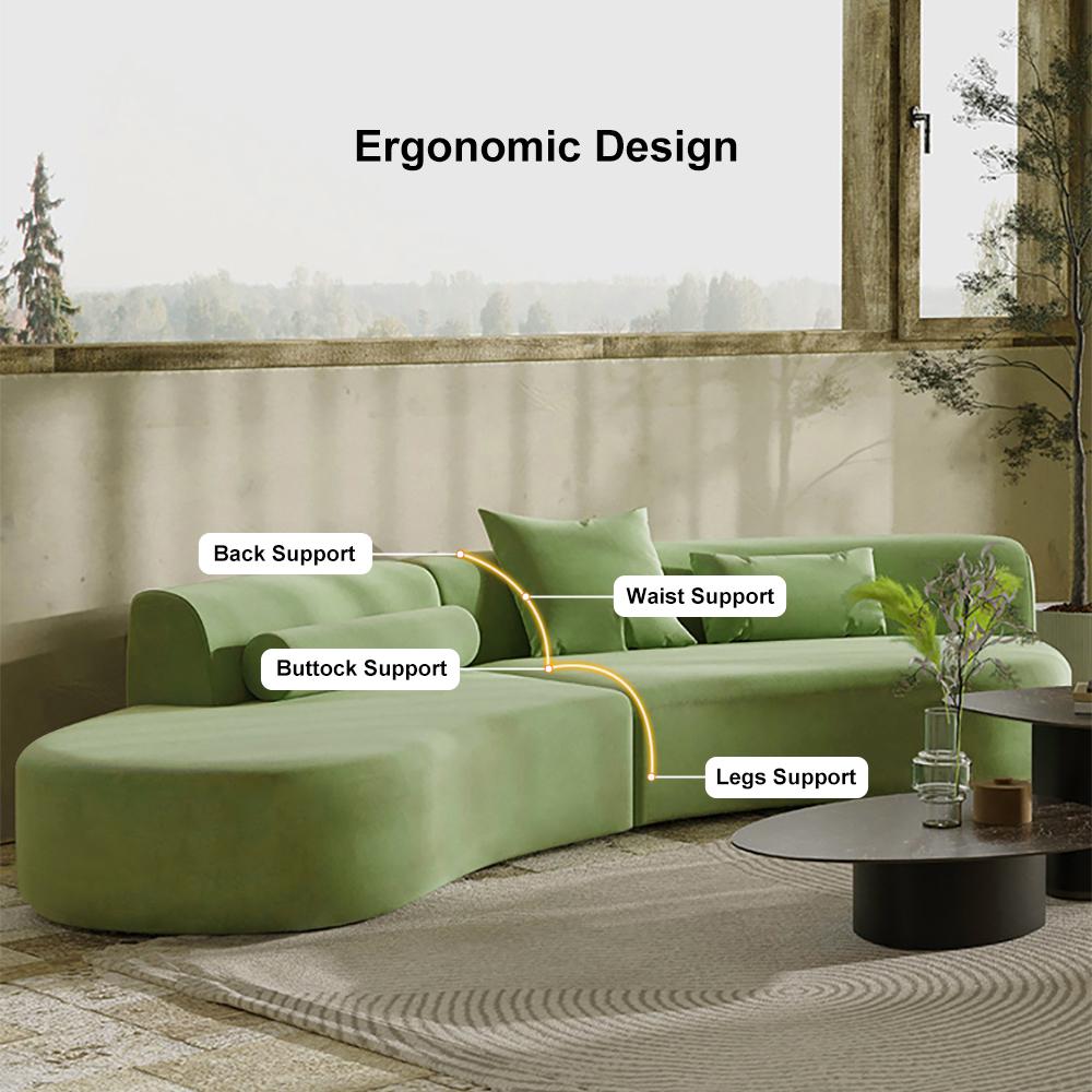 109" Modern Green Curved Velvet Sectional Sofa 4-Seater Couch Upholstered with Pillows