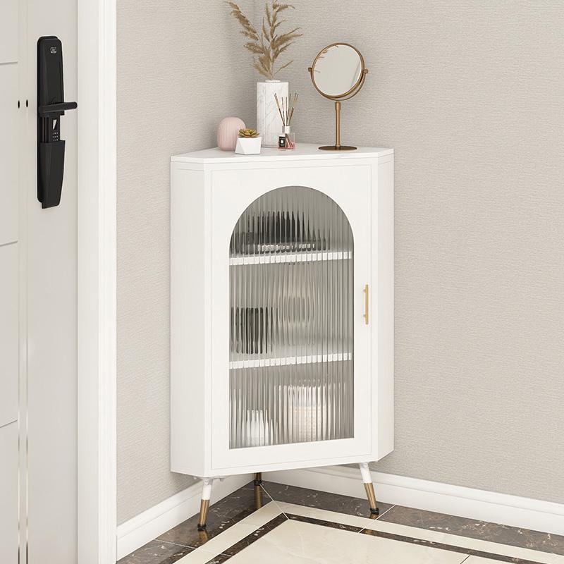 Modern White Corner Floor Display Cabinet with Storage & Glass Door & Faux Marble Top