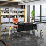 L-Shaped Modern Right Hand Corner Executive Desk with Storage in White & Gold & Black