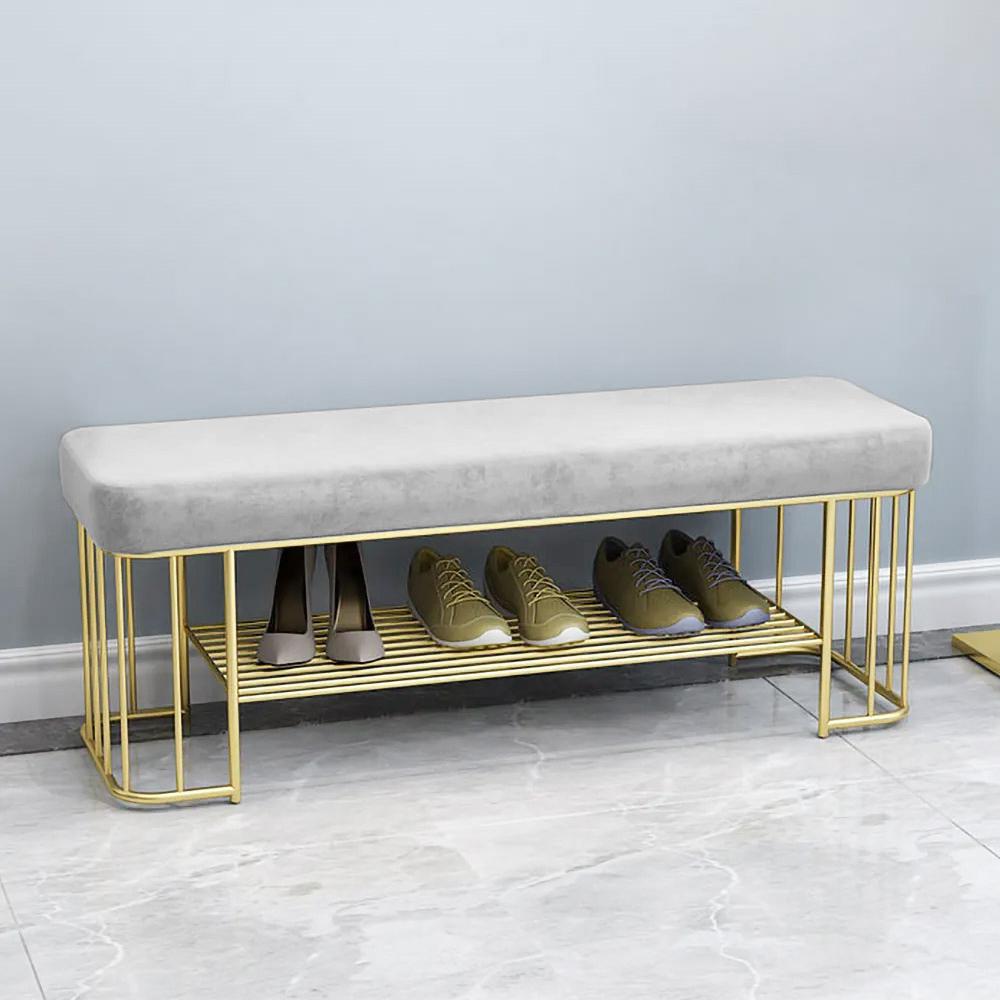 Modern Gray Storage Bench Entryway Bench Velvet Upholstered with Golden Frame & Shelves