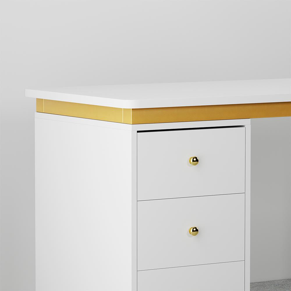 Modern 55" Wooden Home Office White Computer Desk with 3 Drawers & Side Cabinet in Gold