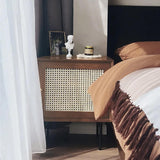 Walnut Nightstand with 1-Door 2-Tier Bedside Table Small Cabinet with Black Metal Legs