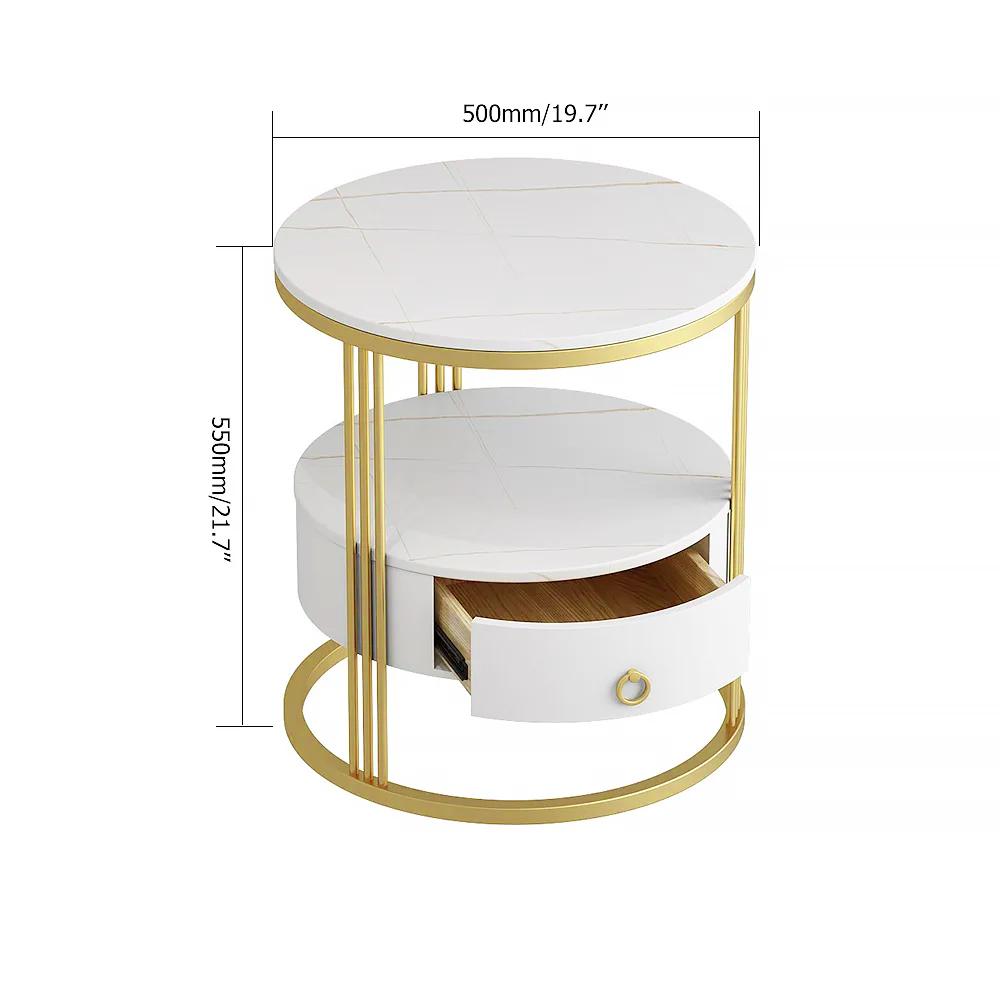 Modern White Round Nightstand with Marble-Top & Drawer & Shelf in Gold Base