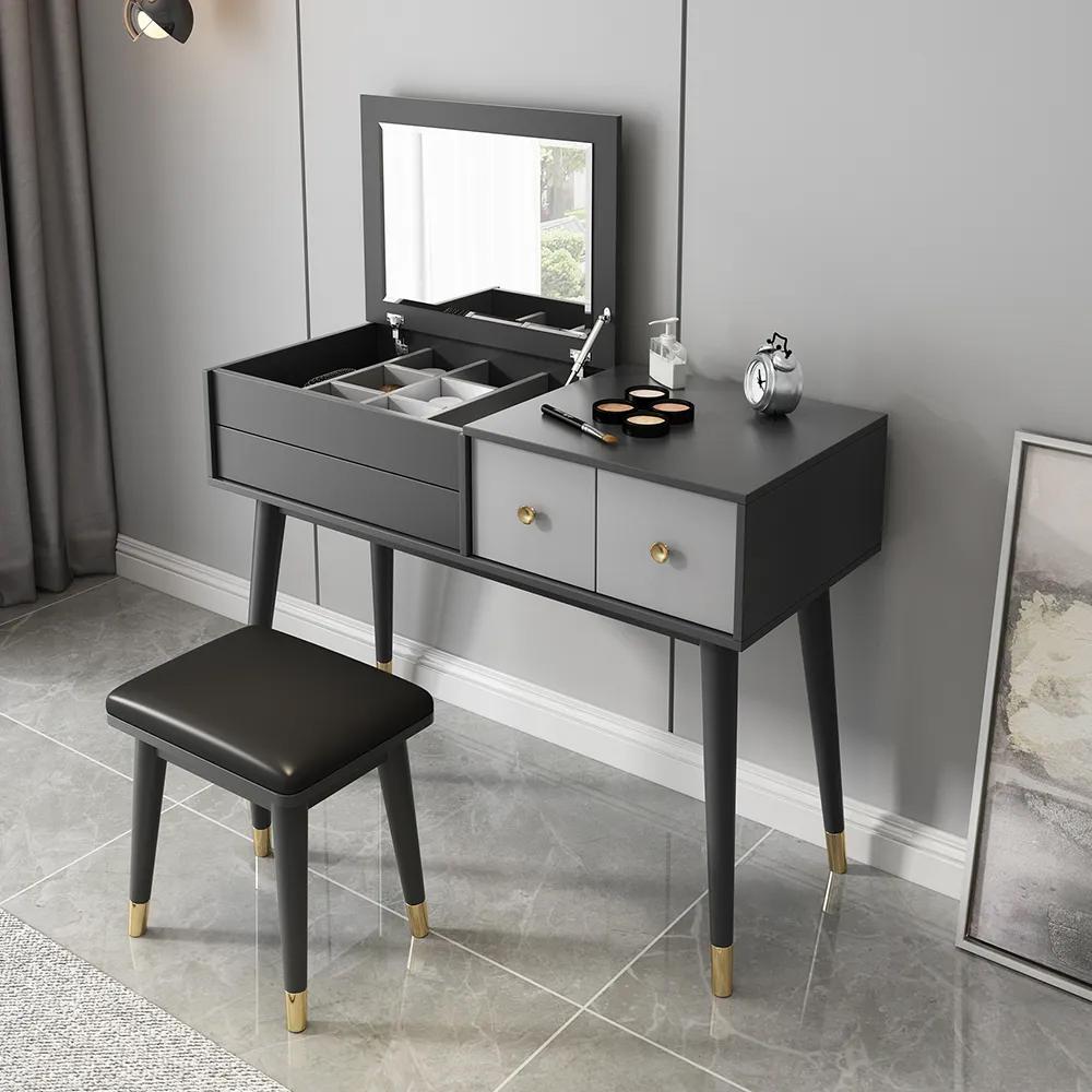 Classic Walnut Makeup Vanity Set with Flip-top Mirror & Stool