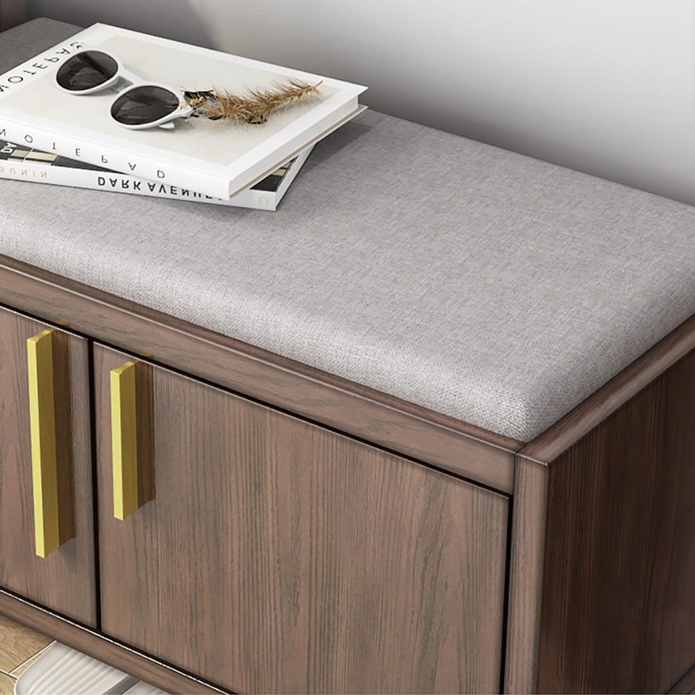 Walnut Upholstered Shoe Storage Cabinet with Door & Shelf Entryway Shoe Storage Bench