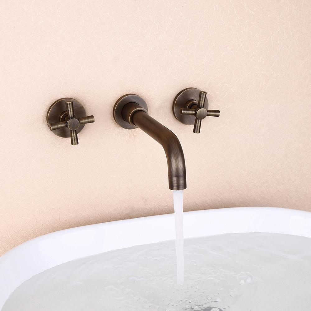 Melro Classic Wall Mounted Double Cross Handle Bathroom Sink Faucet in Antique Brass