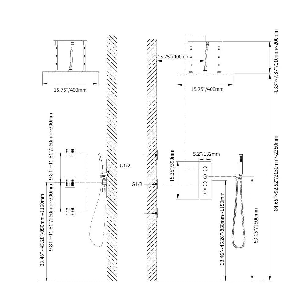 Modern 16" Chrome Thermostatic Rain Shower System with Handheld Shower & 3 Body Sprays