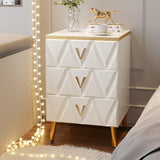 Nordic White Nightstand 3-Drawer Bedside Table V-Shaped Facet & Gold Pulls in Large