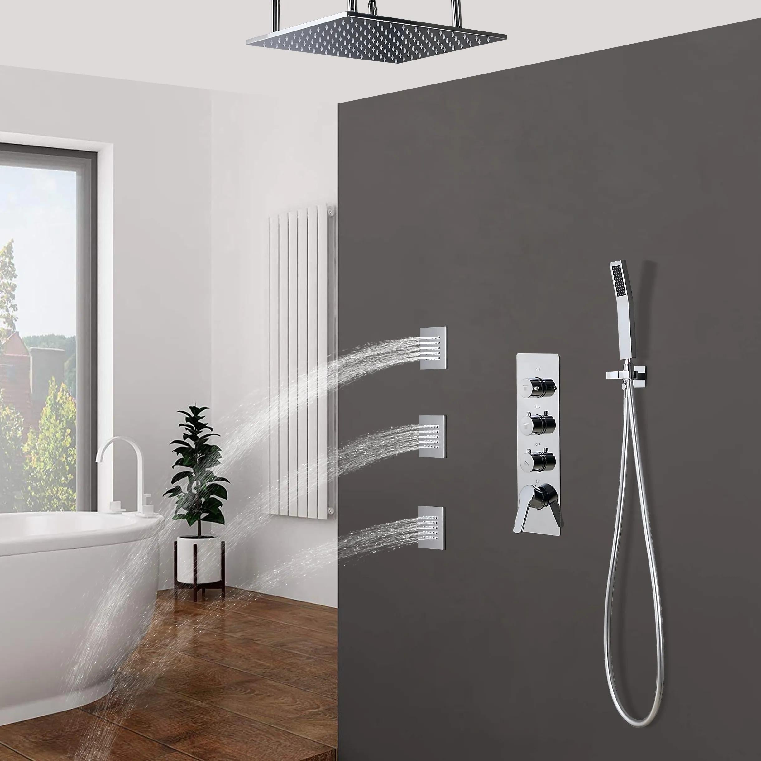 Modern 16" Chrome Thermostatic Rain Shower System with Handheld Shower & 3 Body Sprays