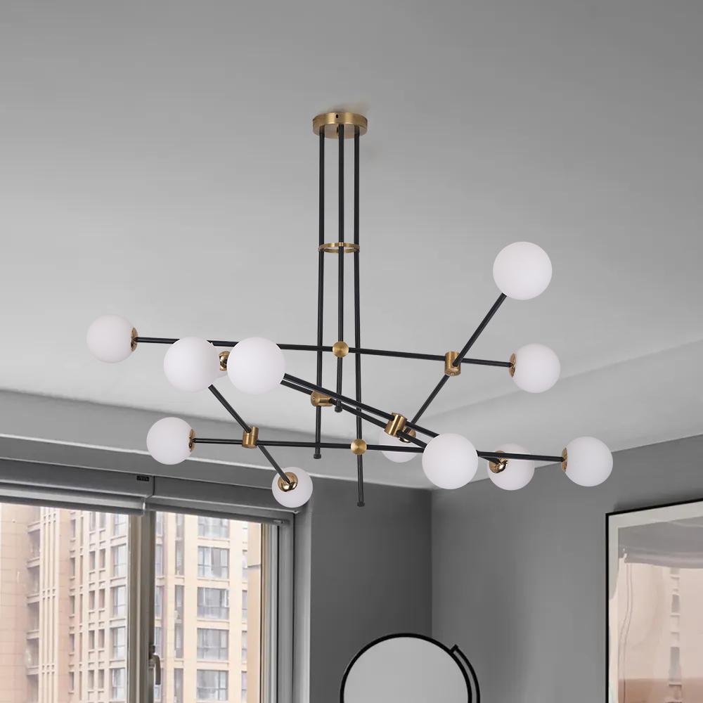 Moderner 12-Licht-Sputnik-Kronleuchter mit warmem Licht in Schwarz und Gold