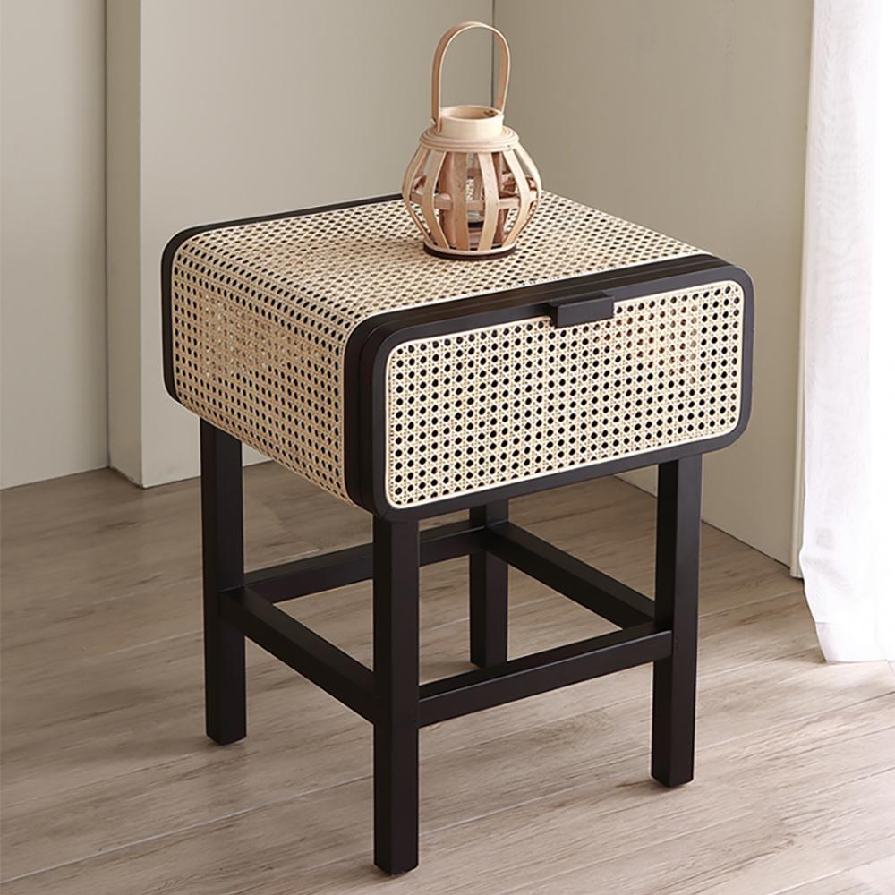 Wooden Walnut Nightstand Rattan Drawer for Bedroom Living Room Storage Bedside Table