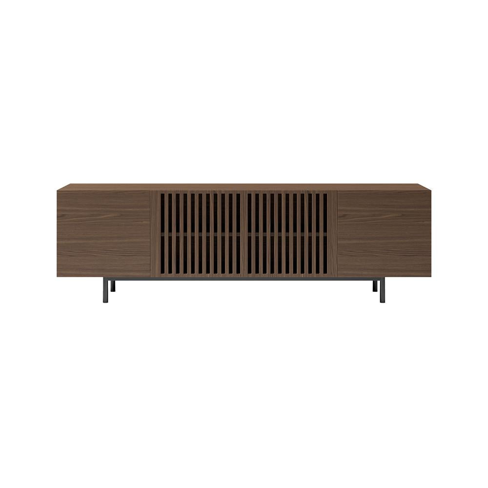Minimalist Slatted Media Console Wood TV Stand in Walnut with Shelves for TVs Up to 80"