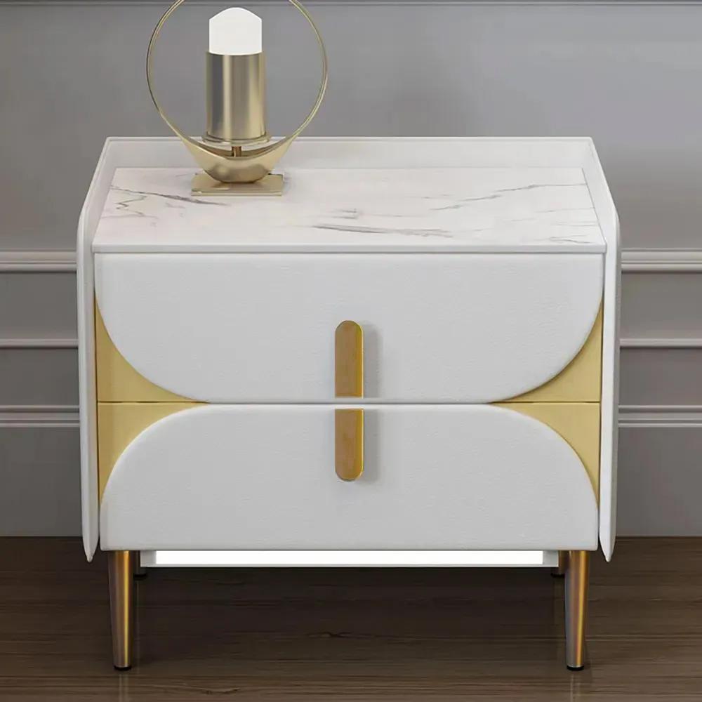 Luxury Gray Nightstand Stone Top Microfiber Leather Upholstery with LED Light