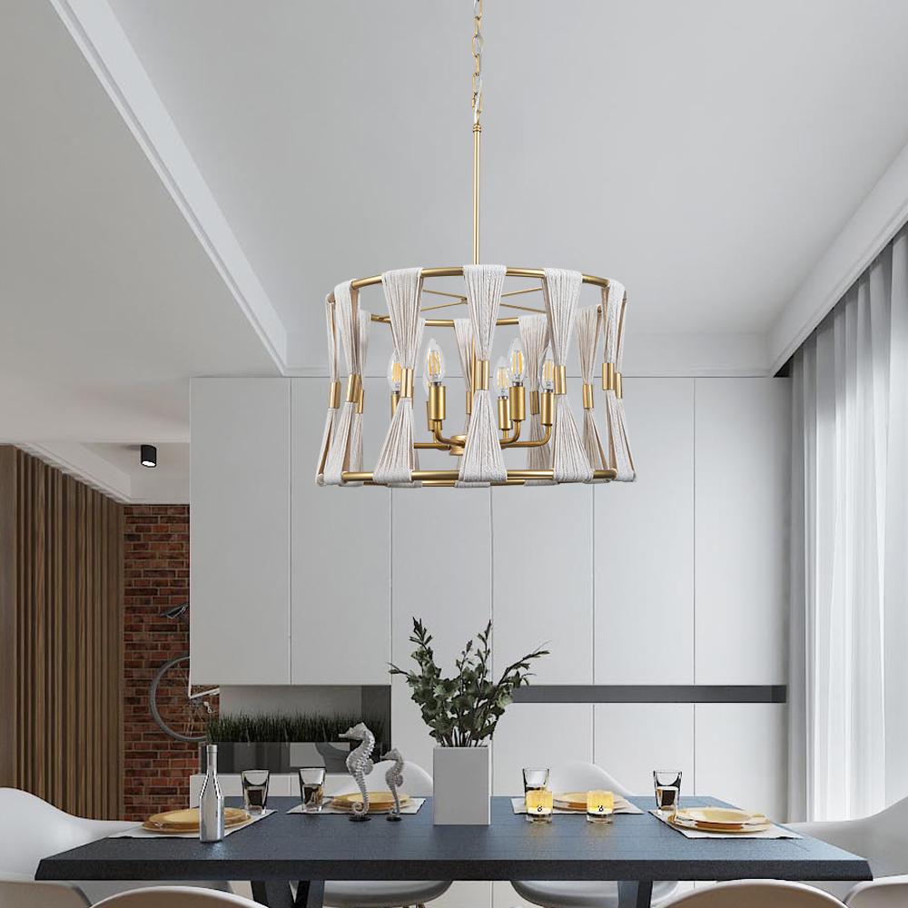 Modern Art Deco 6-Light Drum Chandelier Light Natural Rope Beige Hand-wrapped Lamp