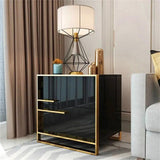 Modern 2 Drawers Black Lacquer Nightstand in Gold