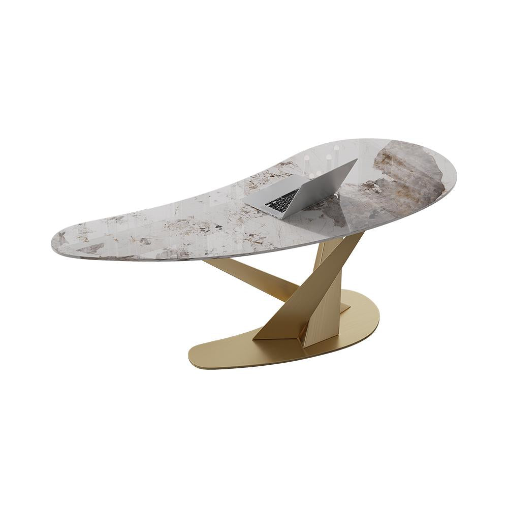 55.1" Creative Desk for Home Office Sintered02Stone Top Stainless Steel Computer Desk