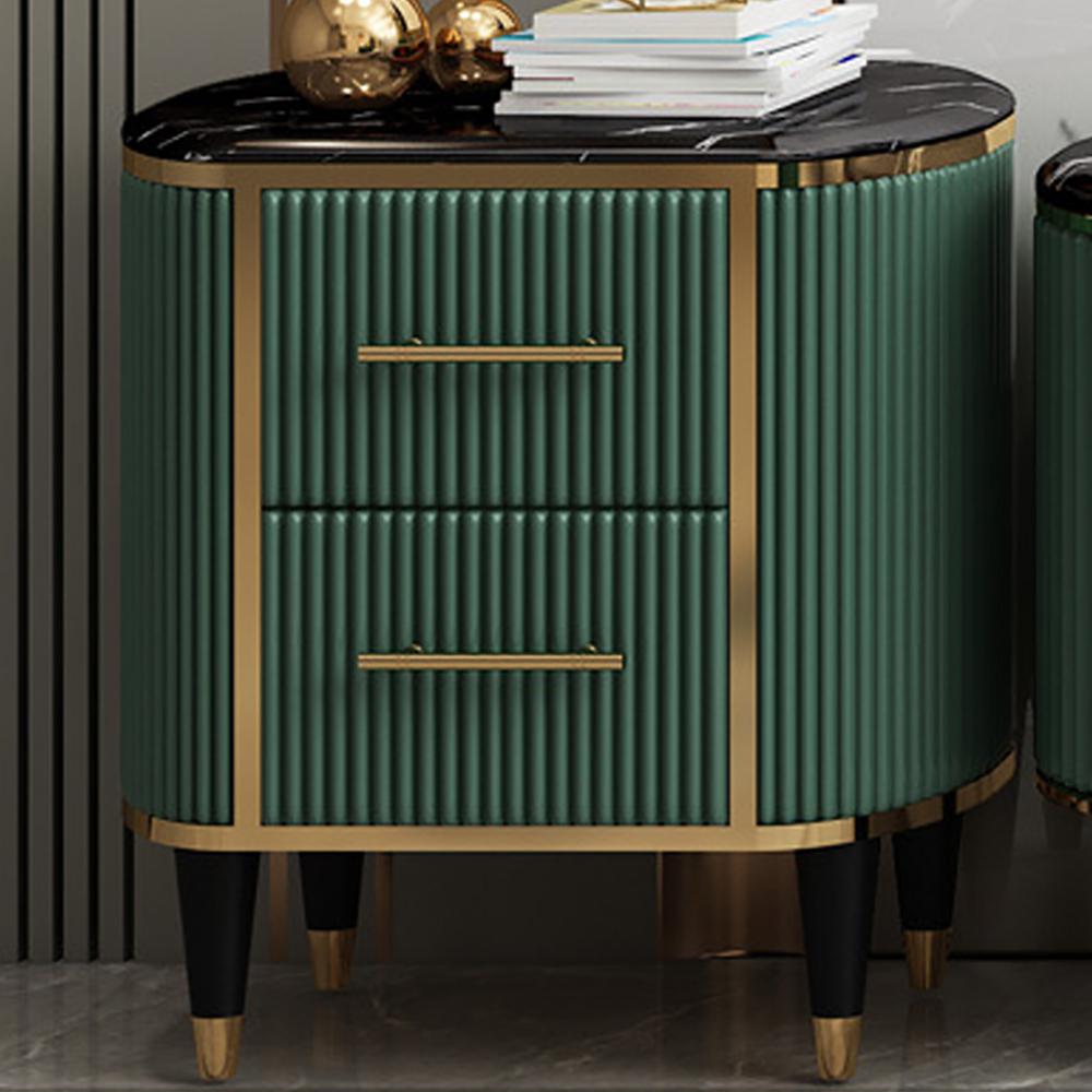 Oval Green 2 Drawers Nightstand Black Marble Top Bedside Table