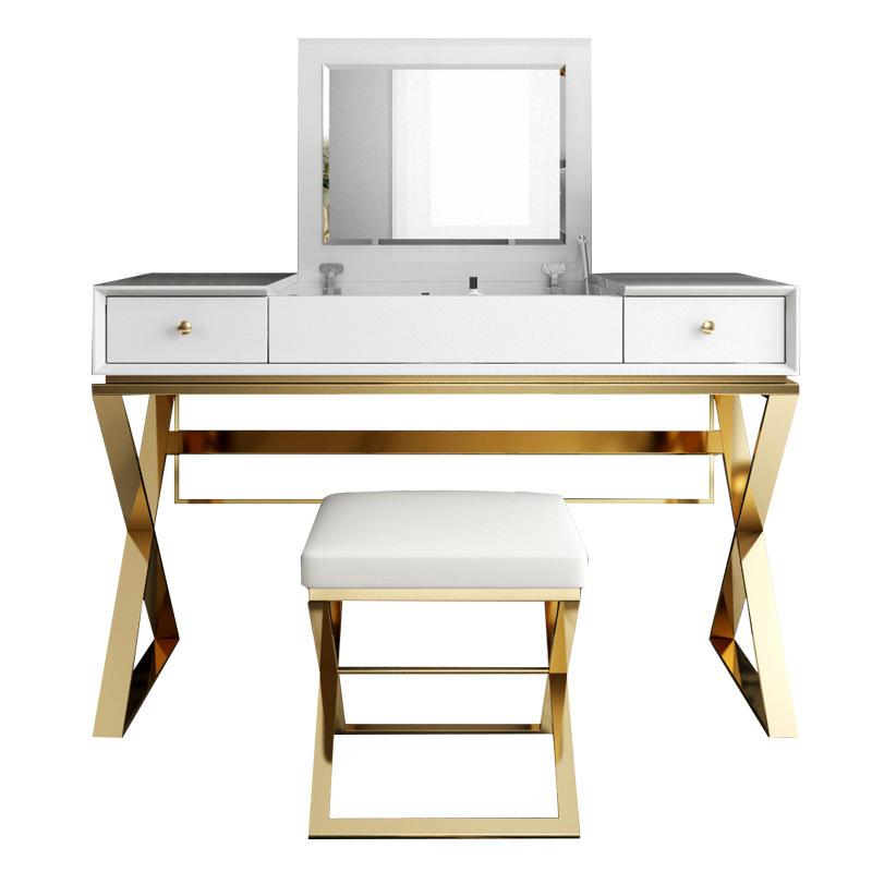 Modern 2-Drawer Wood Makeup Vanity Set with Mirror & Stool X Base Stainless Steel in Gold