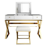 Modern 2-Drawer Wood Makeup Vanity Set with Mirror & Stool X Base Stainless Steel in Gold