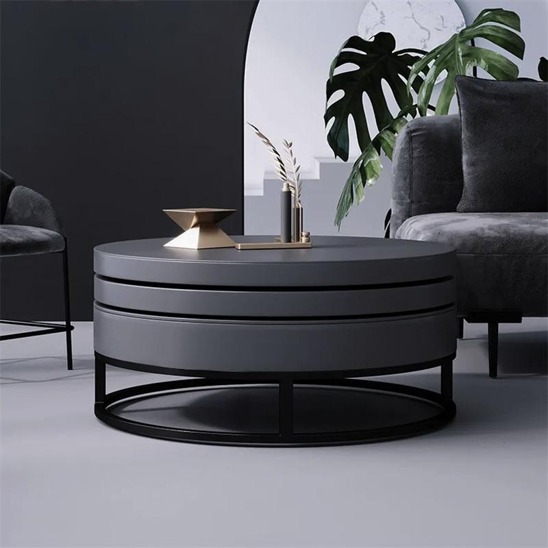 White Round Modern Wood Swivel Coffee Table with Storage Drawer in Gold