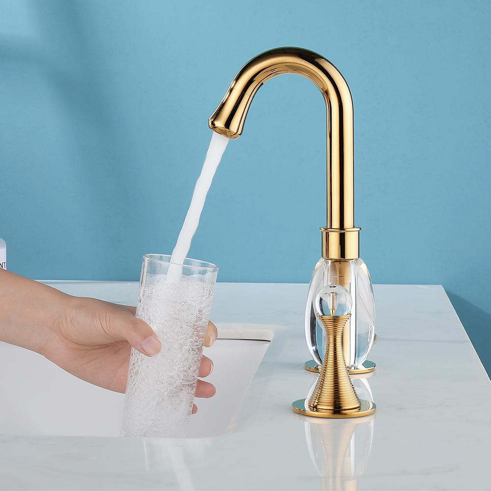 Gold Bathroom Widespread Sink Faucet Double Crystal Handle Solid Brass