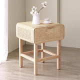 Wooden Walnut Nightstand Rattan Drawer for Bedroom Living Room Storage Bedside Table