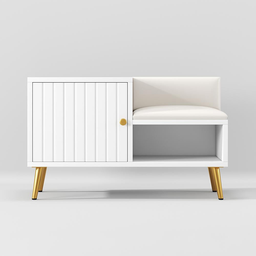 White Contemporary Upholstered Shoe Rack Bench with Storage Cabinet and Shelf Entryway