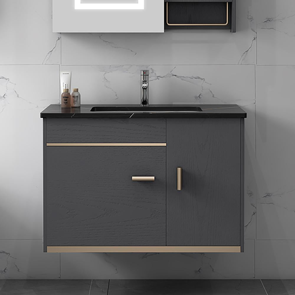 24" Floating Wood Bathroom Vanity Set with Black Stone Top & Ceramic Sink