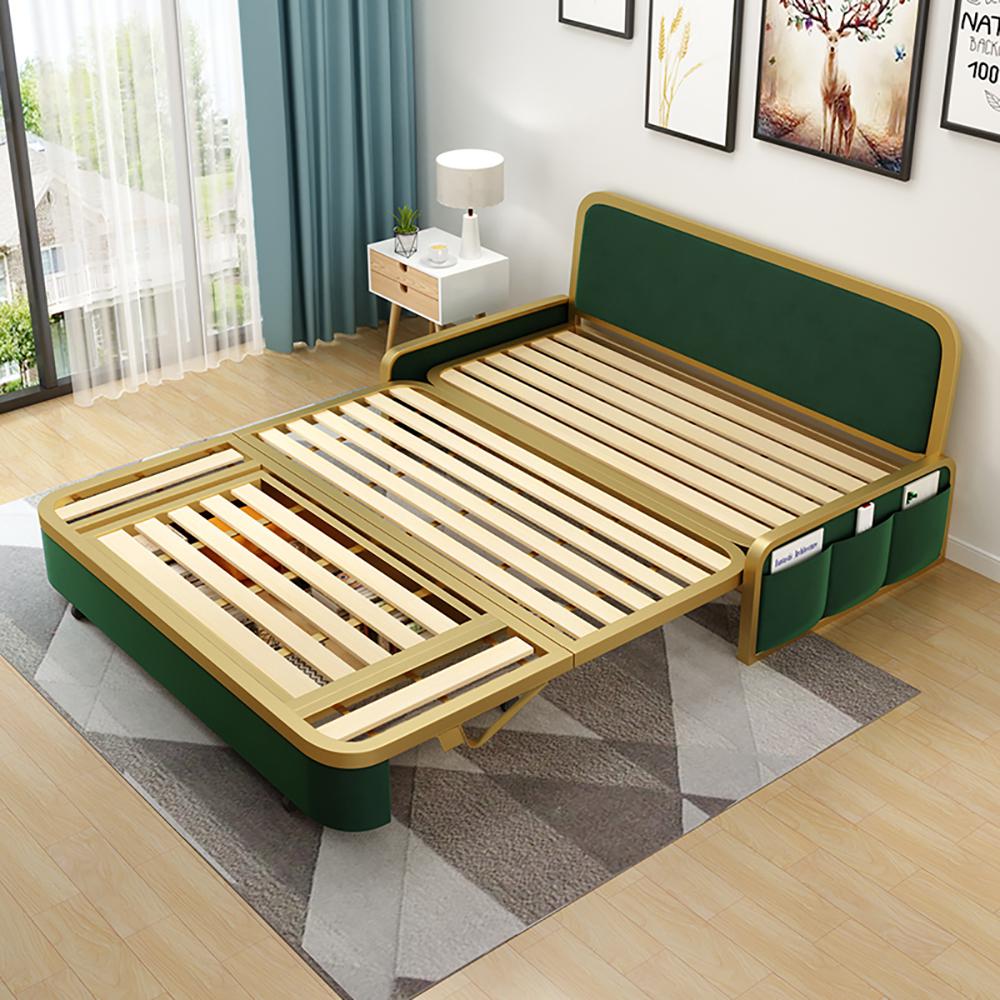 Modern Convertible Sofa Bed with Storage Velvet Upholstery in Beige & Gold