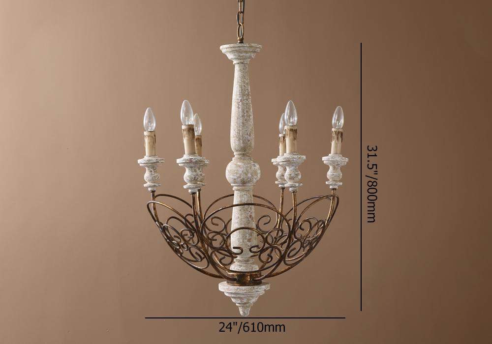 Retro White Scrollwork Distressed Wood 6-Light Candle-Style Chandelier