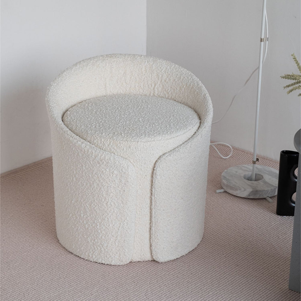 Modern White Round Lamb Wool Vanity Stool with Backrest & Rotatable Chassis