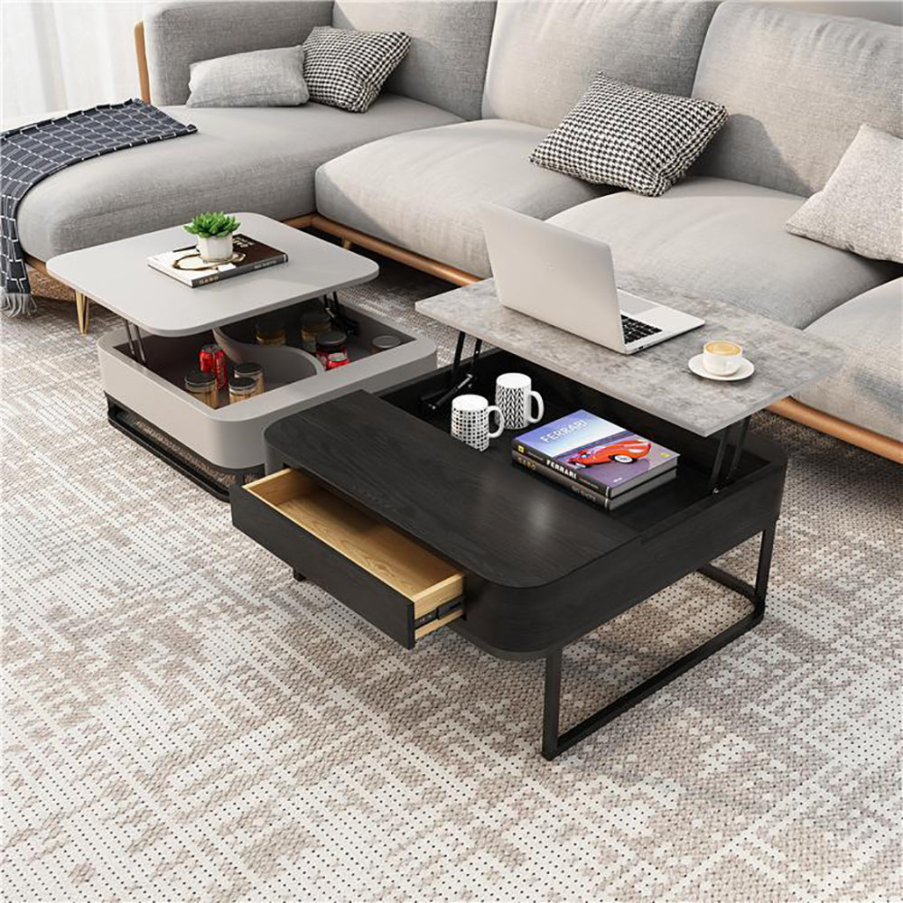 Square Modern Lift-top Nesting Multifunctional Coffee Table With Hidden Large Storage and Drawer Set of 2 Black