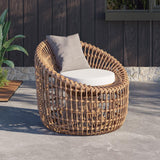 Austen Rattan Outdoor Barrel Chair Nest Shape Sidechair with Cushion in Brown