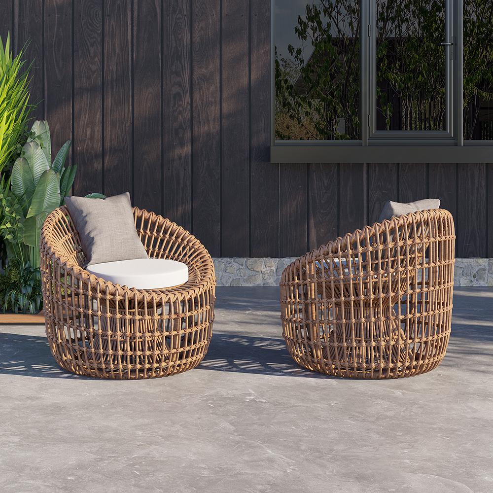 Austen Rattan Outdoor Barrel Chair Nest Shape Sidechair with Cushion in Brown