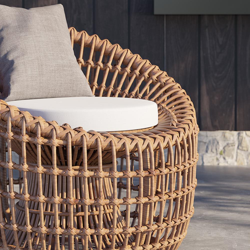 Austen Rattan Outdoor Barrel Chair Nest Shape Sidechair with Cushion in Brown