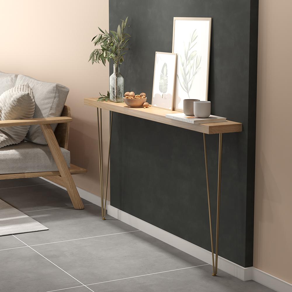 39" Modern Walnut Narrow Rectangular Console Table with Wooden Top Metal Legs