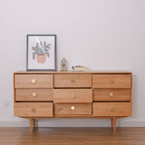 63" Natural Bedroom Dresser with 9 Drawers Wooden Chest of Drawers with Gold Knobs