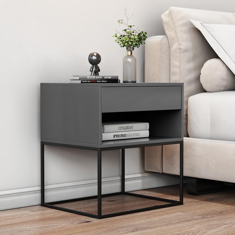 Blue Bedroom Nightstand with Drawer Bedside Table Metal Base