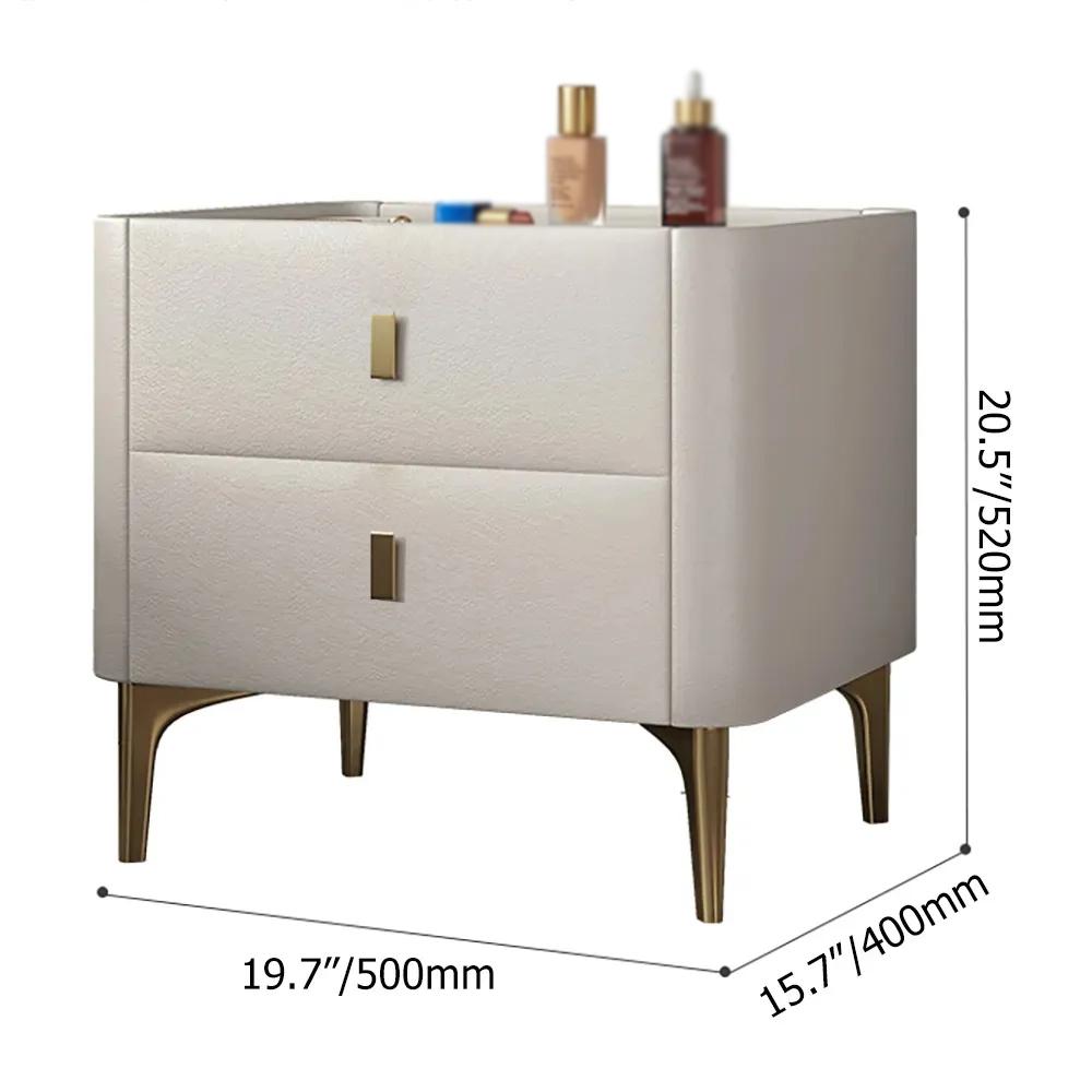 Modern Off White Nightstand 2-Drawer Bedside Cabinet with Stone Top & Microfiber Leather