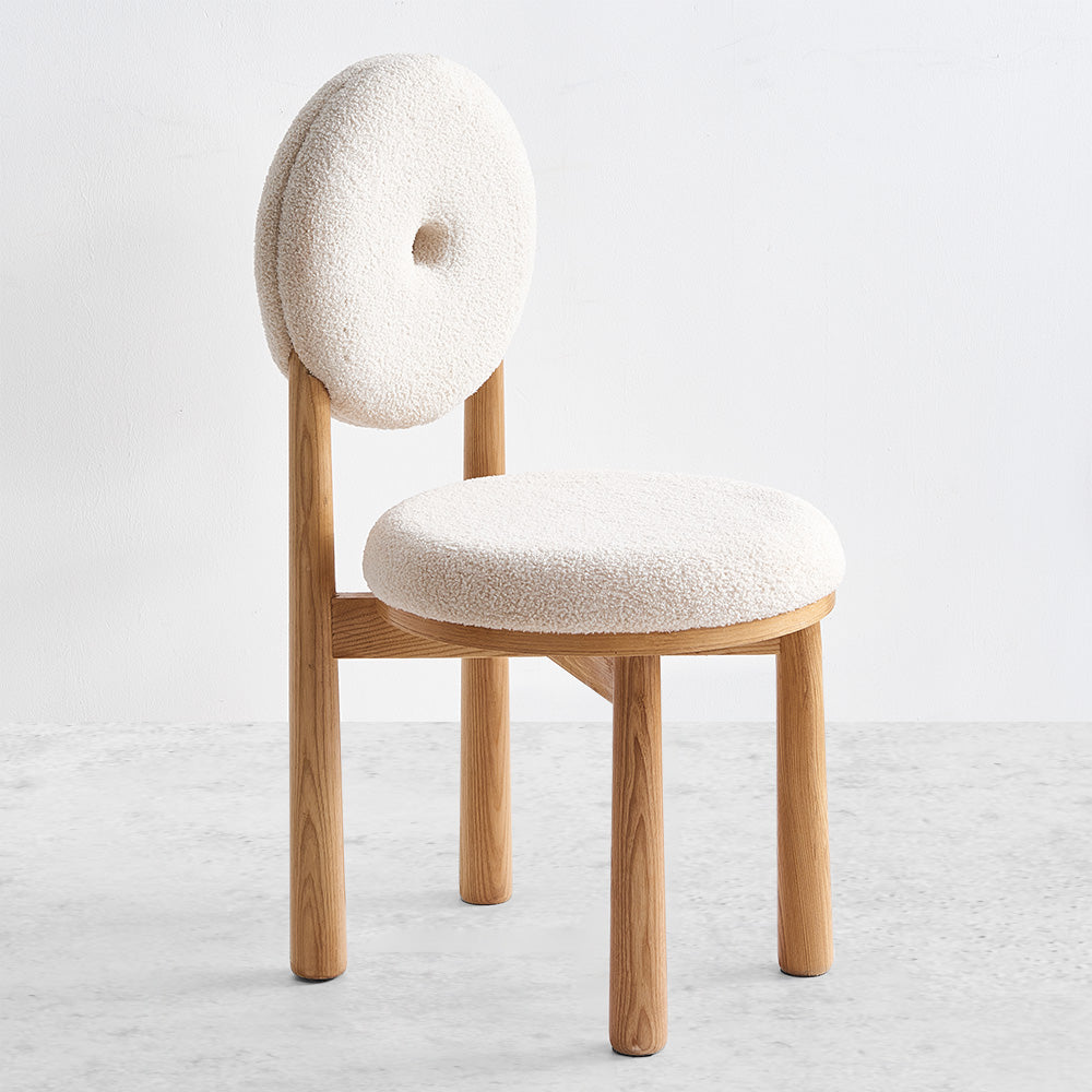 Modern White Boucle Dining Chair Side Chair Natural Wood Legs