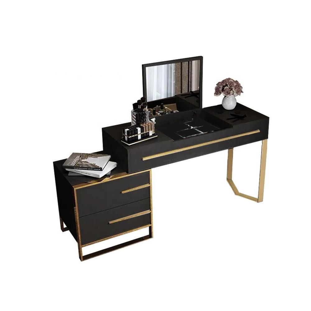 White Makeup Vanity with Flip Top Mirror & Side Cabinet and Drawers Golden Legs