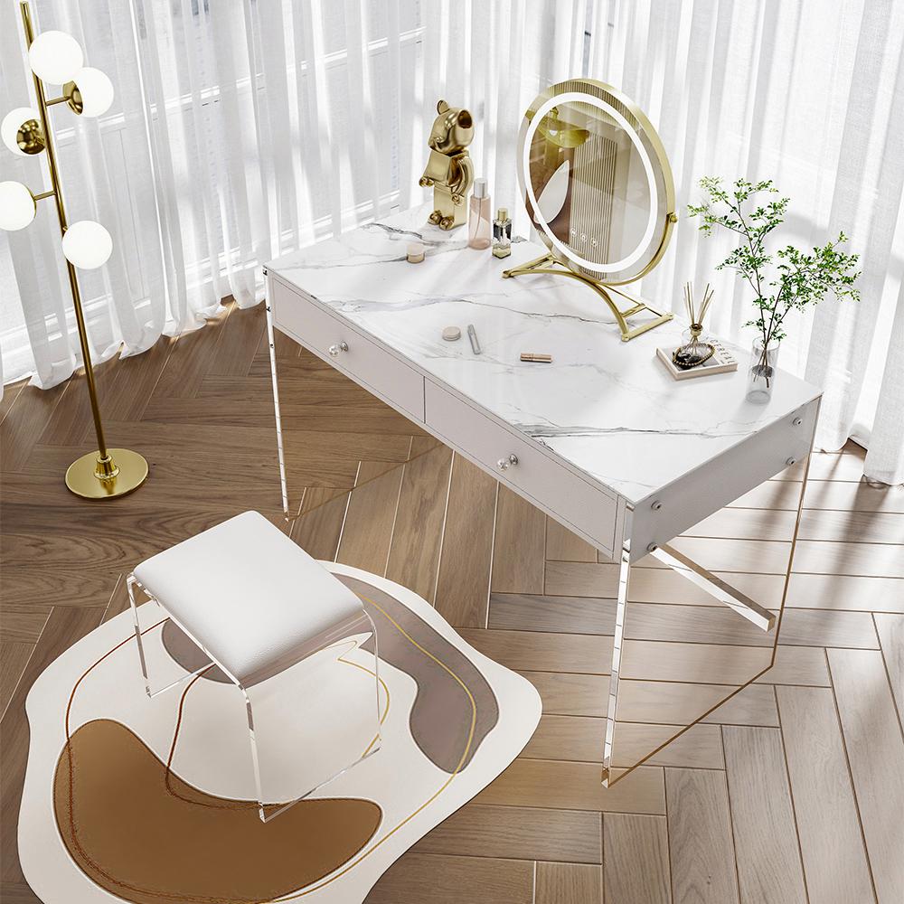 Minimalist Acrylic Floating Makeup Vanity Set with LED Lighted Standing Mirror & Stool