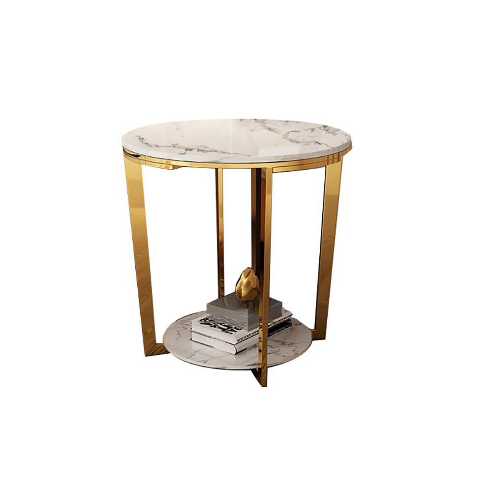 Gold Faux Marble Round End Table with Storage Shelf for Living Room