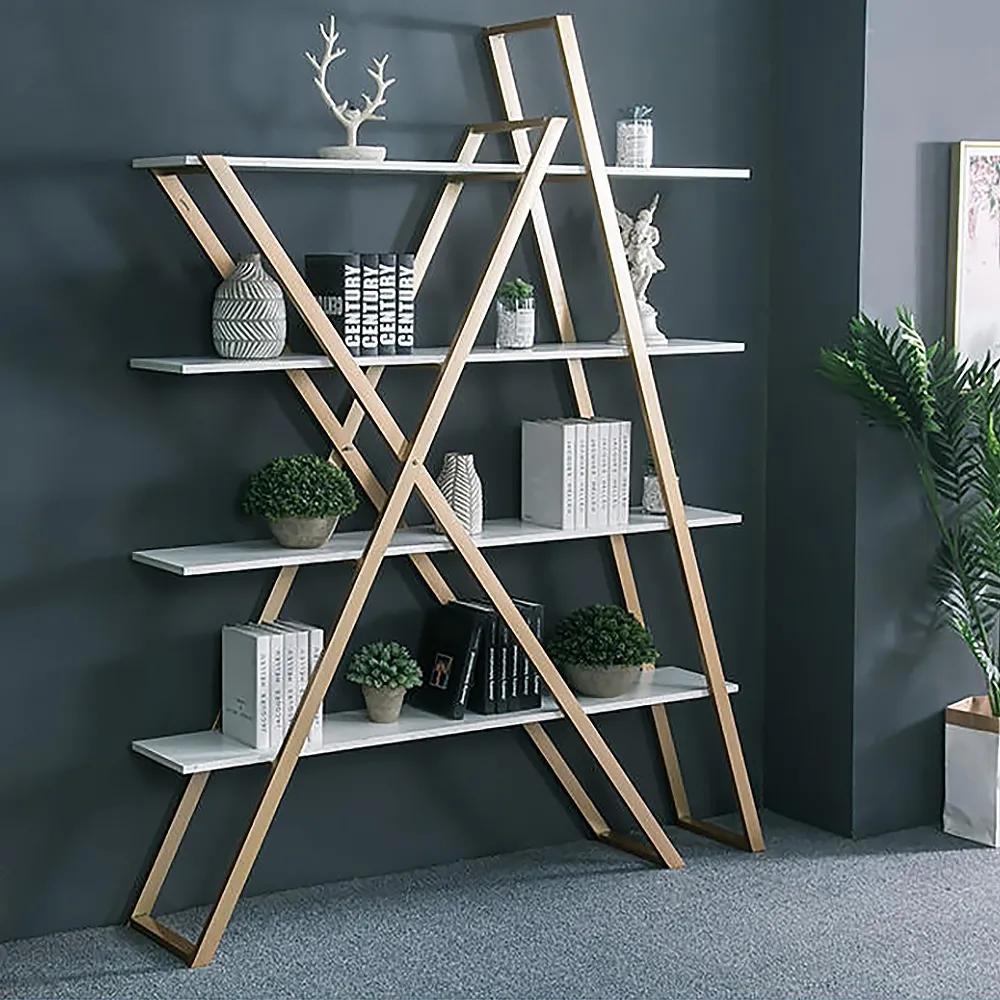 Modern Abstract Etagere Wooden Bookshelf in White & Gold