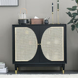 Black Rattan Accent Cabinet 2-Door Sideboard Buffet with Adjustable Shelves